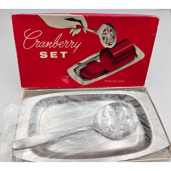 Vintage Cranberry Serving Set Leonard Stainless Steel Spoon & Tray in Box - Picture 7 of 11